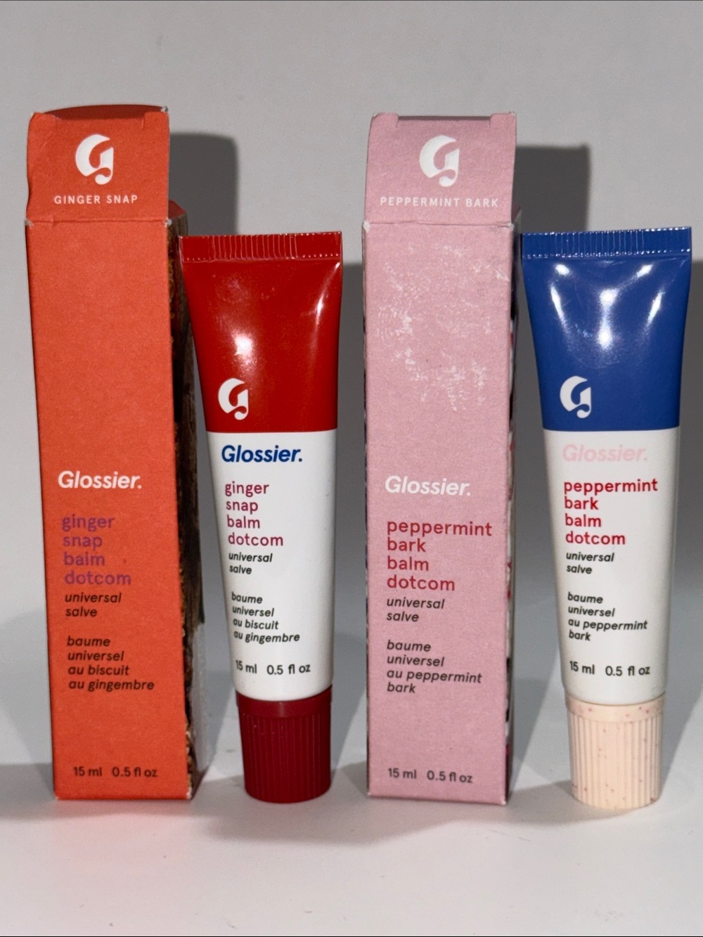GLOSSIER BUNDLE DUO of BALM DOTCOM in GINGERSNAP+PEPPERMINT BARK F/S 0.5 Oz NIB!